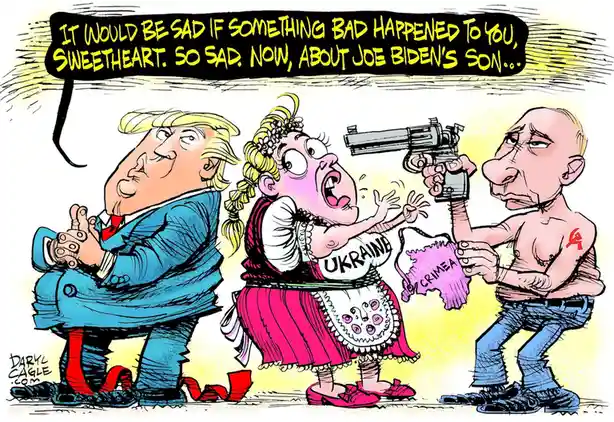 A cartoon depicts caricatures of Donald Trump, a woman labeled 'UKRAINE', and Vladimir Putin. Putin holds a gun to Ukraine's…