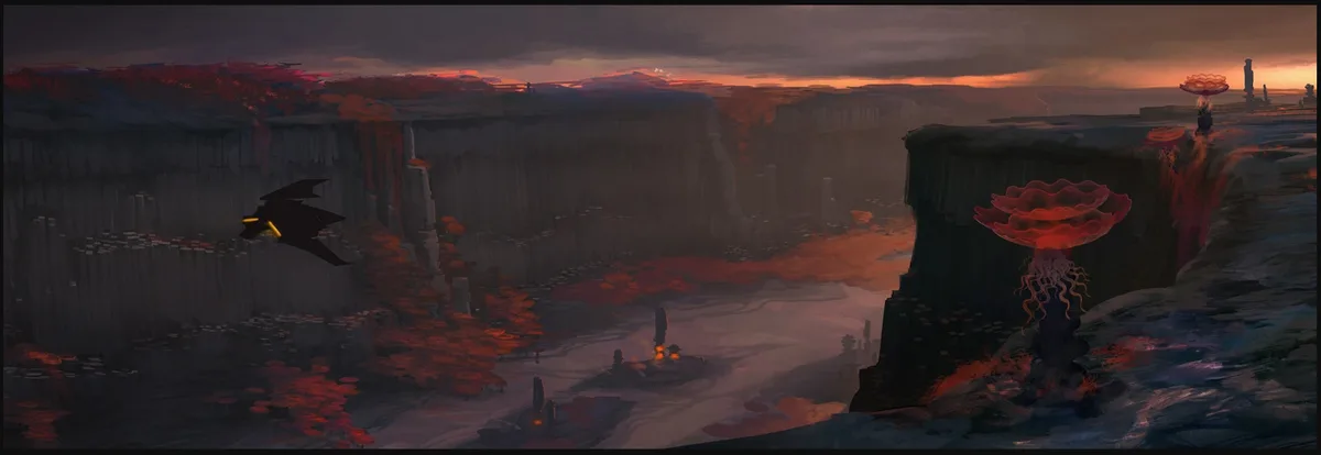 A dark, atmospheric fantasy landscape with a canyon, glowing red flora, and a black spaceship flying left. Overlaid text…