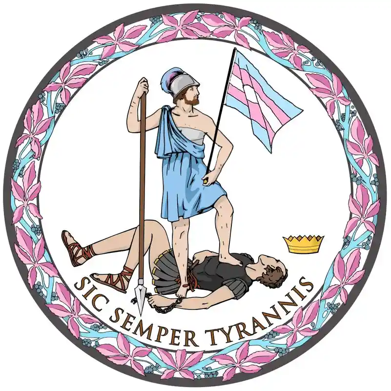 A circular emblem features a classical Roman-style figure in a blue toga and helmet, standing triumphantly on a fallen…