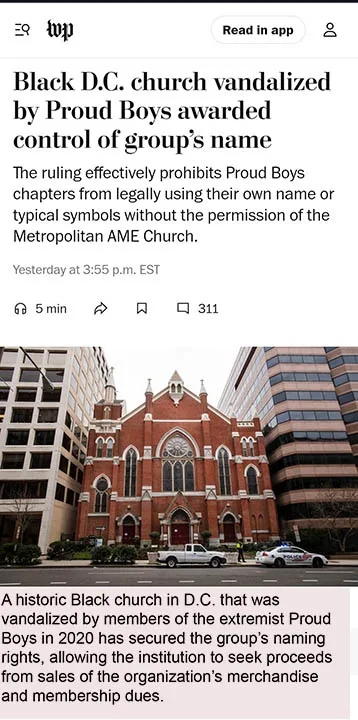 A screenshot of a news article from The Washington Post shows a historic red-brick church in D.C. surrounded by modern…