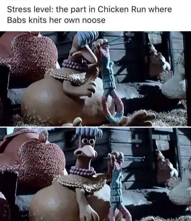 The image is a two-panel meme featuring the animated chicken character Babs from the movie Chicken Run. In the top panel…