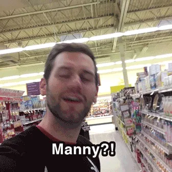 A six-panel meme showing two men in a store aisle. The first man, in a black shirt, reacts with surprise to seeing his…
