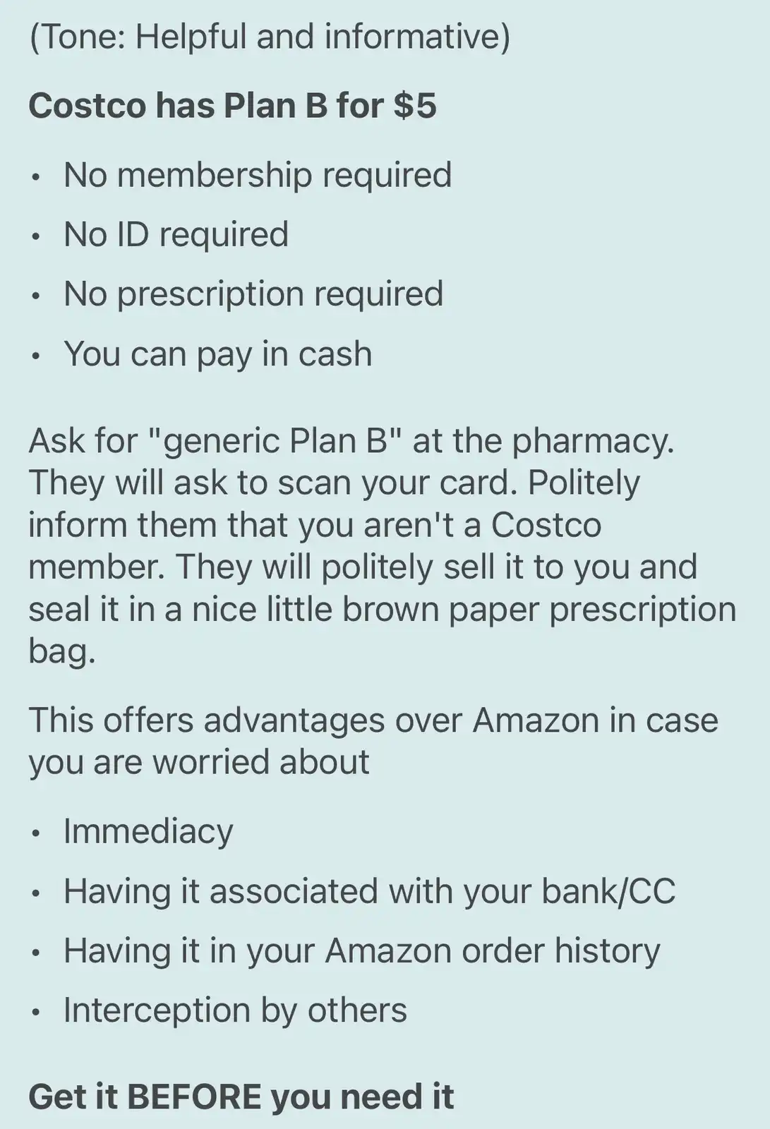 Just be there for the pharmacy, okay?