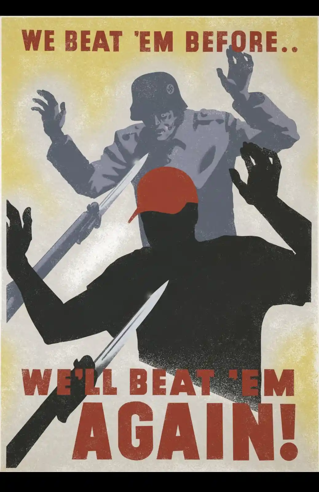 A vintage-style war propaganda poster shows a silhouette of a soldier in a red cap holding a bayonet, facing a defeated Nazi…