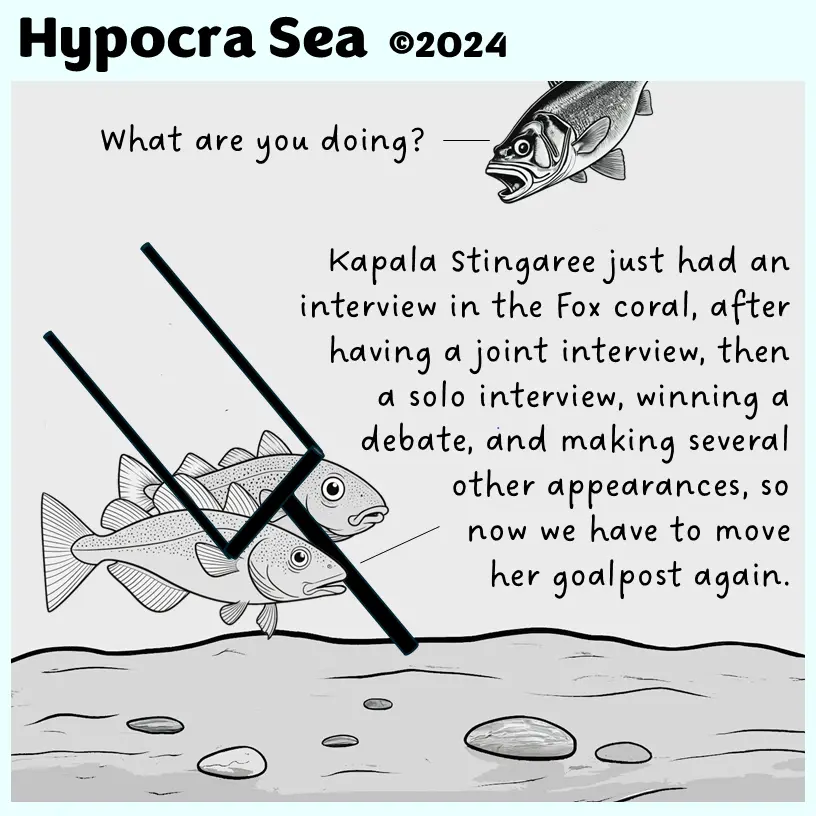 A black-and-white cartoon depicts two fish looking up at a third fish above them. The top fish asks, 'What are you doing?'…