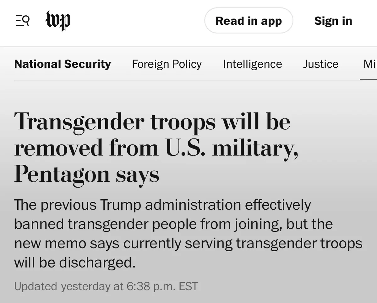 A screenshot of a Washington Post article headline reads 'Transgender troops will be removed from U.S. military, Pentagon…