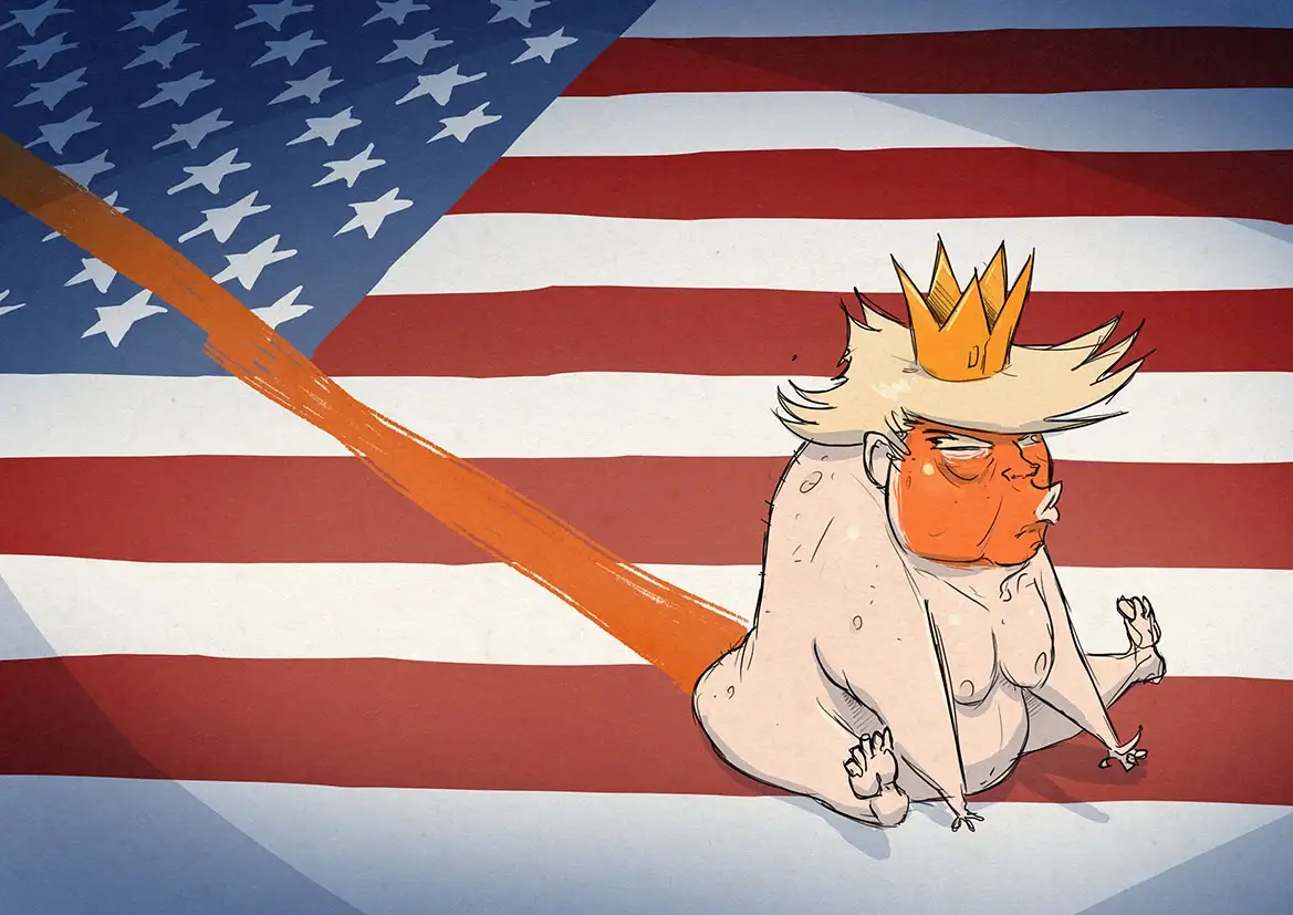 A cartoonish, obese, orange-skinned figure with spiky blonde hair and a small golden crown sits naked on the red and white…
