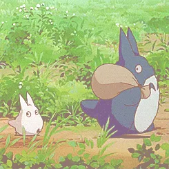 A six-panel animation sequence from the movie 'My Neighbor Totoro' shows the large blue forest spirit Totoro walking away…