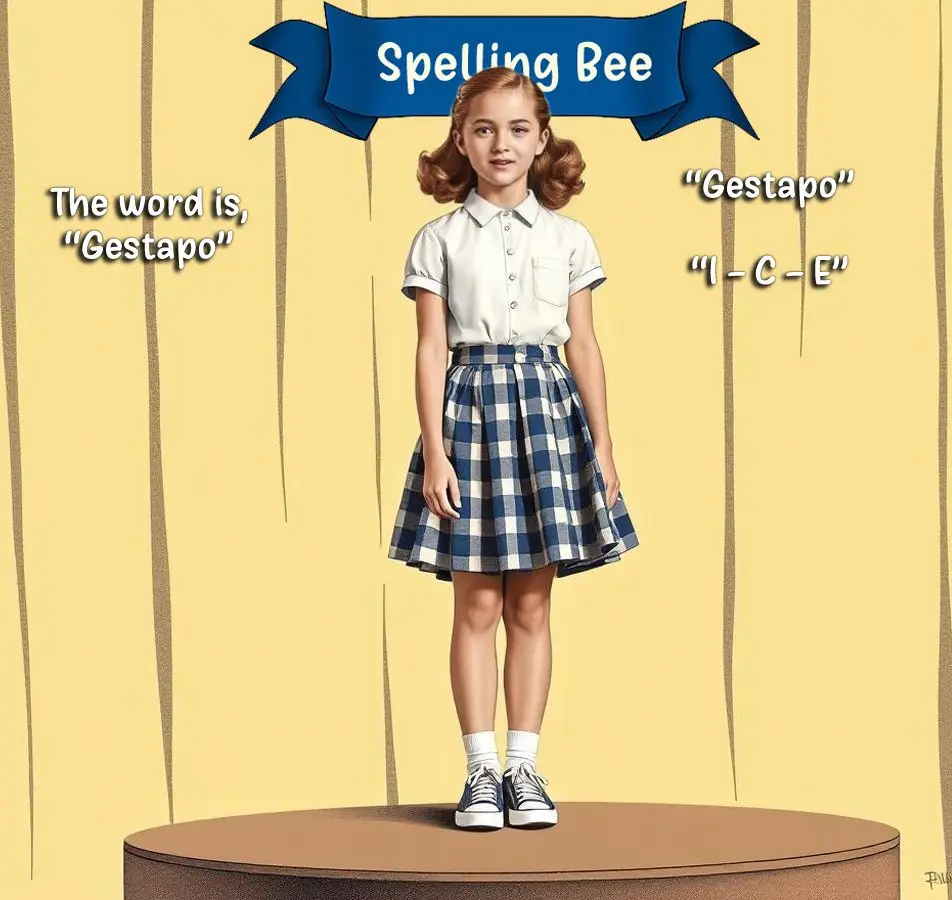 A young girl in a school uniform stands on a stage under a blue banner reading 'Spelling Bee'. Text overlays indicate the…