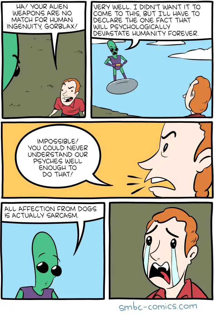 A five-panel comic strip shows a human man taunting a green alien named Gorblax, who then reveals a devastating truth. The…