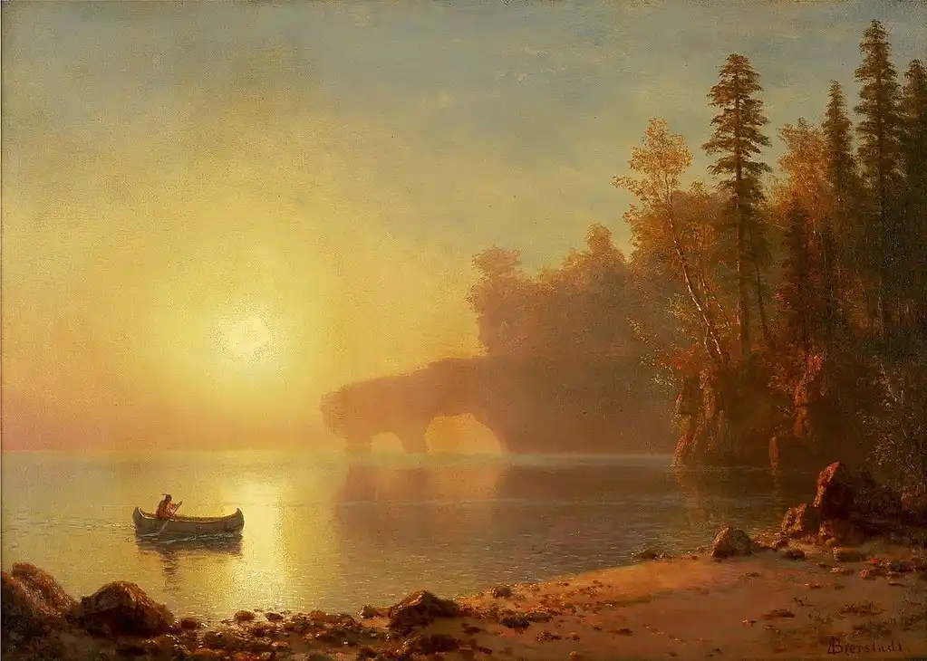 A serene, golden-hued landscape painting depicts a lone person in a small canoe on calm water, with a large rock arch and…