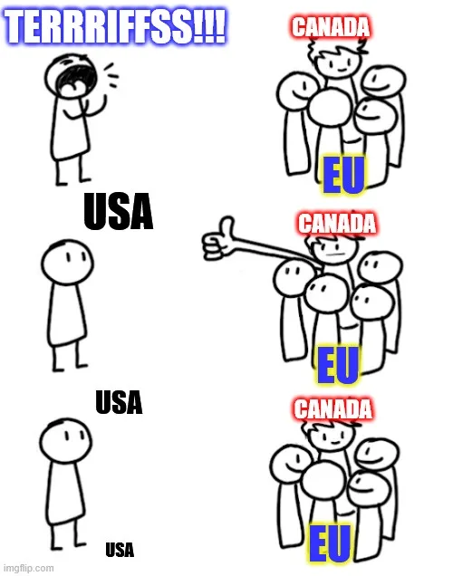 A three-panel comic strip shows a USA stick figure yelling 'TERRRIFSS!!!' at a group labeled 'CANADA' and 'EU'. In the next…