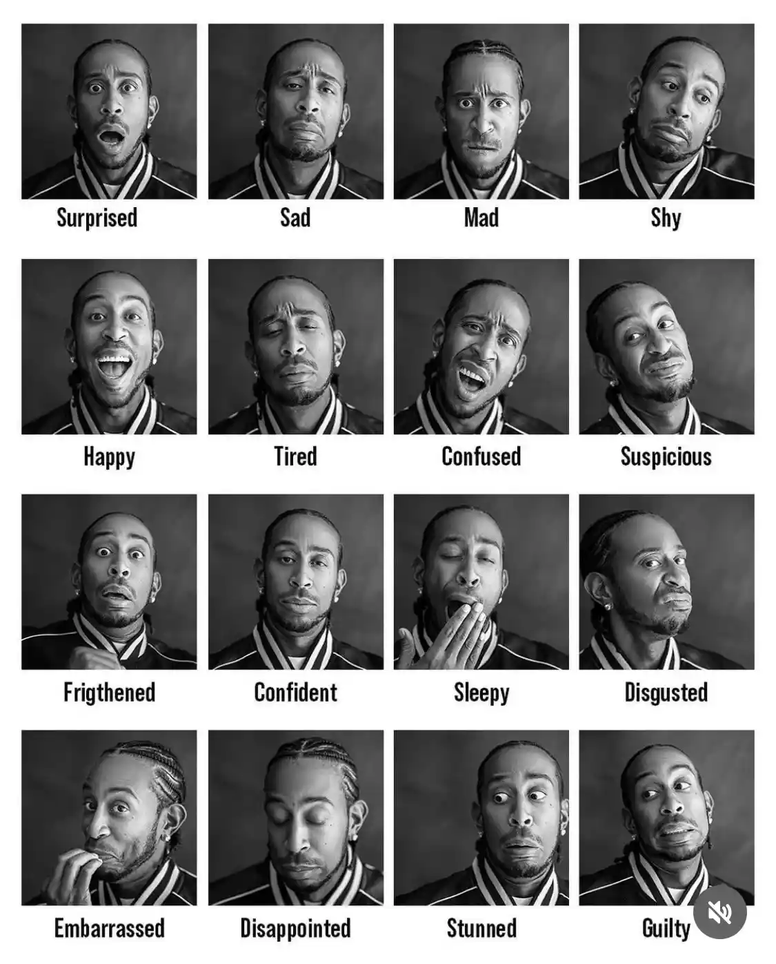 A black-and-white grid of 16 photos shows the same man making different facial expressions, each labeled with an emotion…
