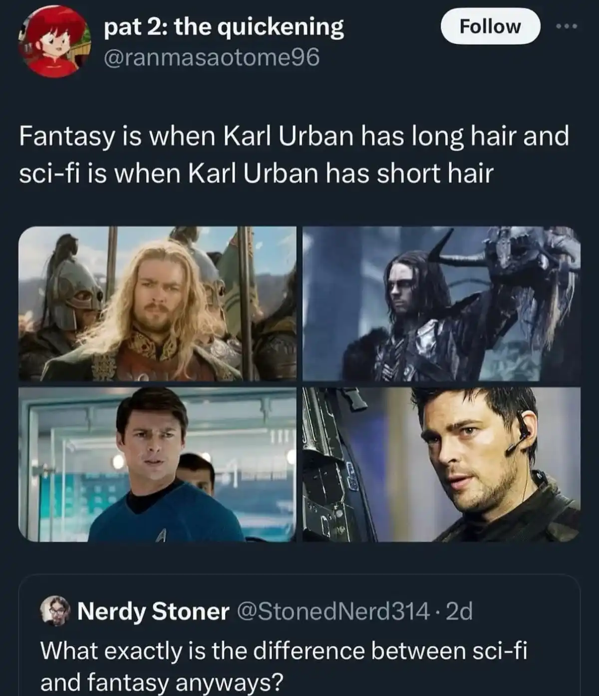 A four-panel image shows actor Karl Urban in four different roles: top-left as a long-haired fantasy warrior, top-right as a…