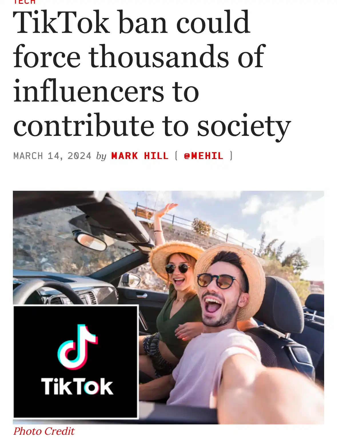 A news article header reads 'TikTok ban could force thousands of influencers to contribute to society' dated March 14, 2024…