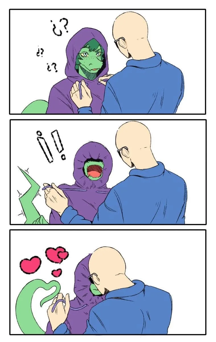 A three-panel comic shows a green-skinned, hooded character reacting to a bald man in a blue shirt. In the first panel, the…