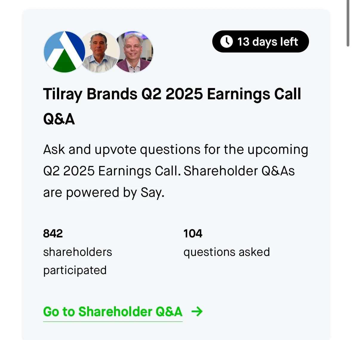 A screenshot of a shareholder Q&A interface for Tilray Brands' Q2 2025 earnings call, showing 842 shareholders participated…