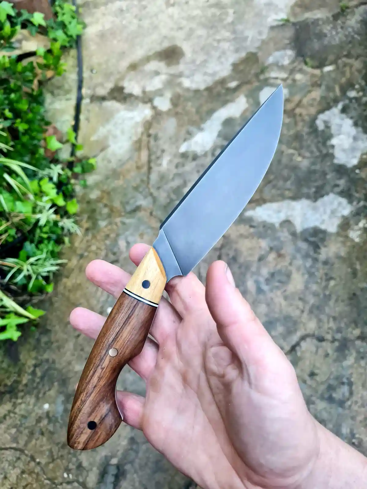 A hand holds a custom-made knife with a wooden handle and a polished metal blade against a stone and greenery background…