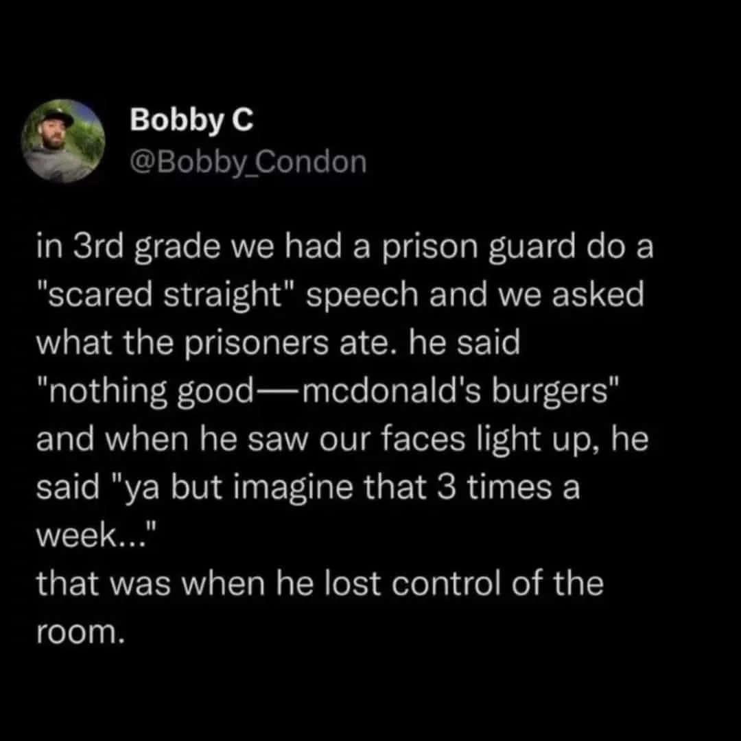 A screenshot of a tweet by Bobby C (@Bobby_Condon) describing a 3rd-grade 'scared straight' program where a prison guard's…