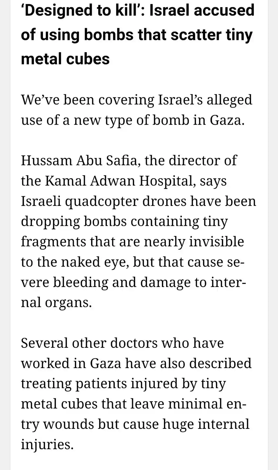 A screenshot of a news article with black text on a white background. The headline reads 'Designed to kill': Israel accused…
