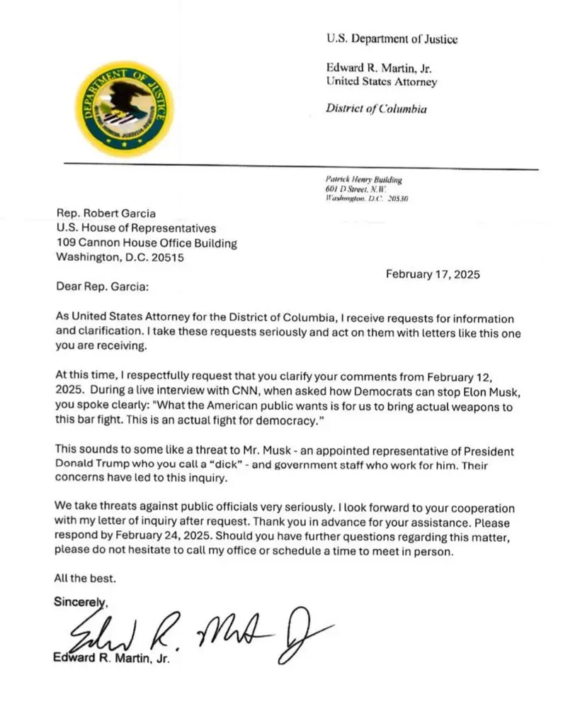 A formal letter from the U.S. Department of Justice, signed by Edward R. Martin, Jr., addresses Rep. Robert Garcia. The…