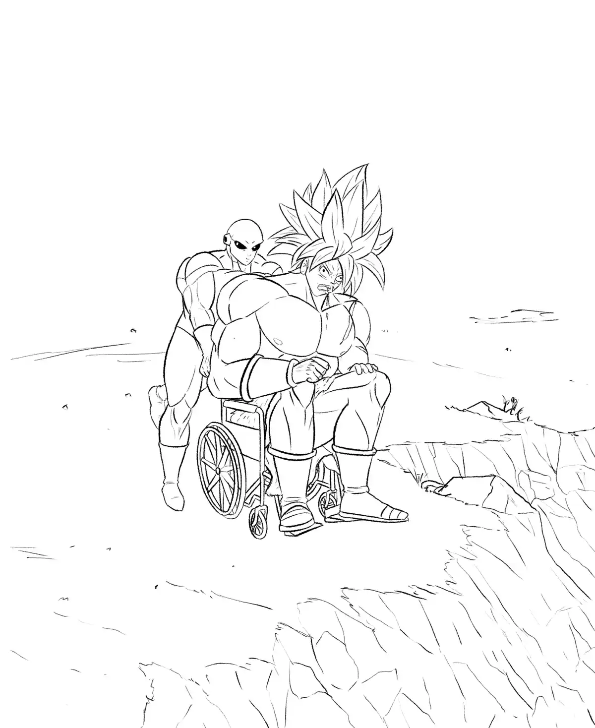 A black-and-white line drawing shows a muscular anime character with spiky hair sitting in a wheelchair at the edge of a…