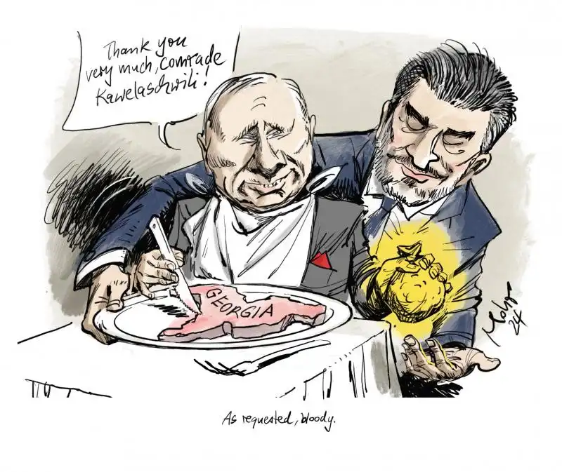 A cartoon depicts two men at a table. One man, with a bald head and a white shirt, is cutting a steak shaped like the…