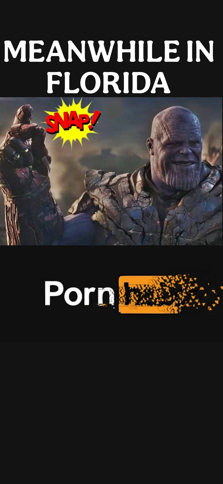 The image shows Thanos from the Marvel Cinematic Universe, smiling as he snaps his fingers with the Infinity Gauntlet. Above…