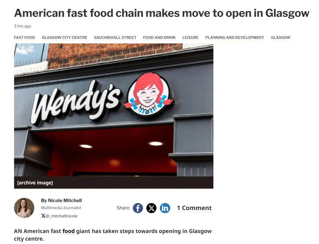 A news article screenshot shows a Wendy's restaurant sign with the brand's logo featuring a cartoon girl with red pigtails…