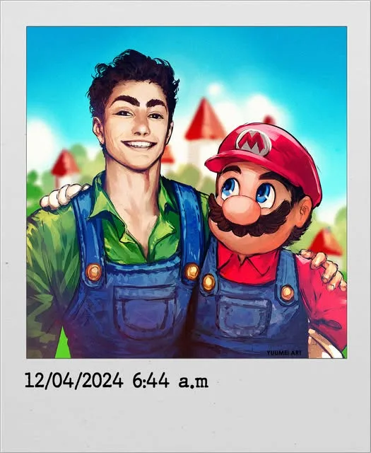 A digitally illustrated Polaroid-style photo shows a young man with dark hair and a green shirt under blue overalls standing…