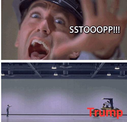 Top panel: A man in a military-style cap screams 'SSTOOOP!!!' while holding up his hand. Bottom panel: A tiny person stands…