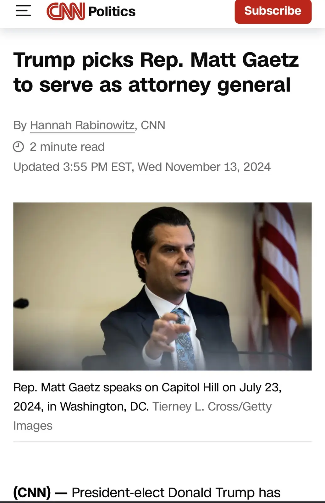 A screenshot of a CNN Politics article from November 13, 2024, announcing that Donald Trump has picked Rep. Matt Gaetz to…