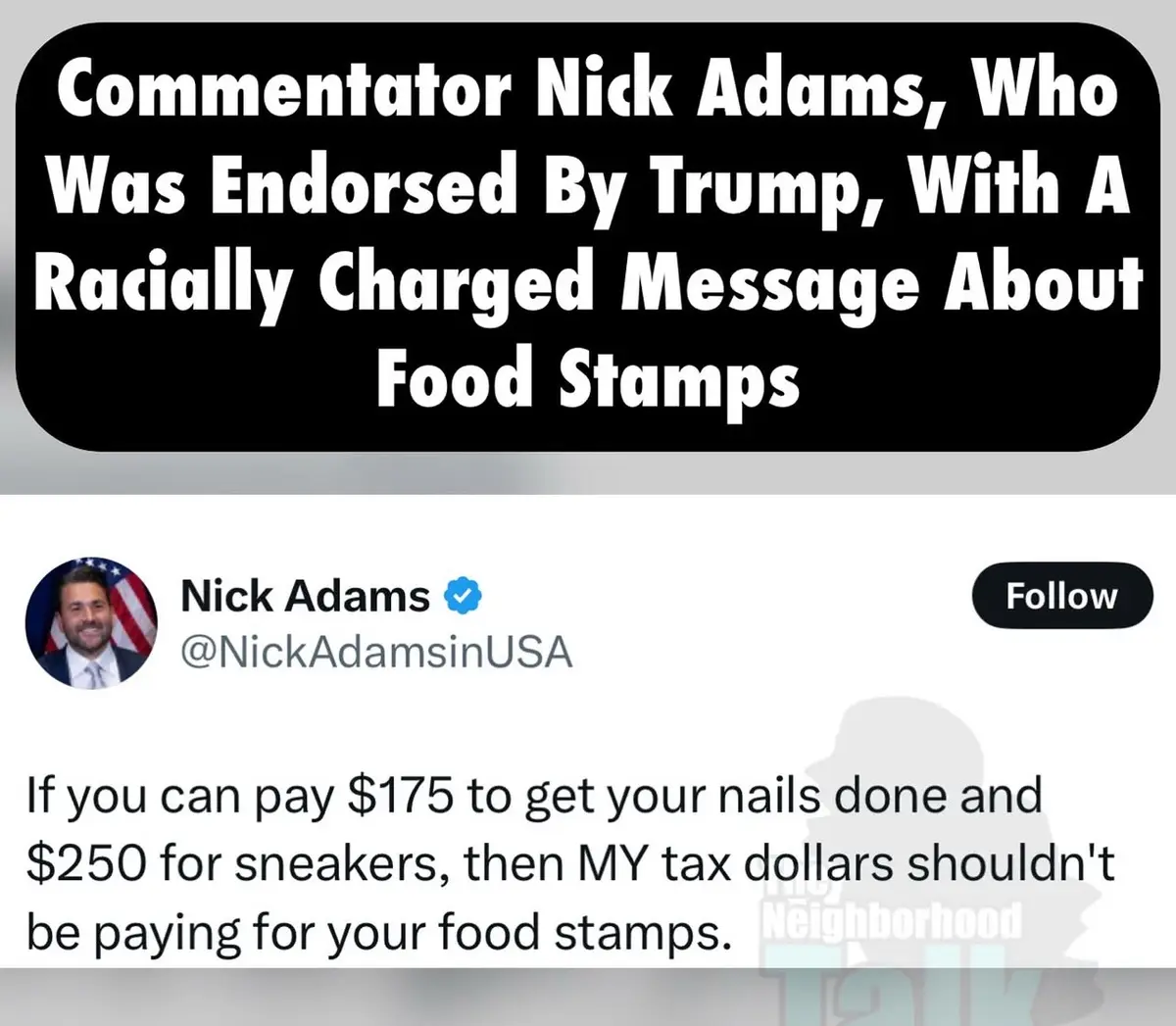 A screenshot of a tweet from verified user Nick Adams (@NickAdamsinUSA) showing his profile picture and a tweet that reads…