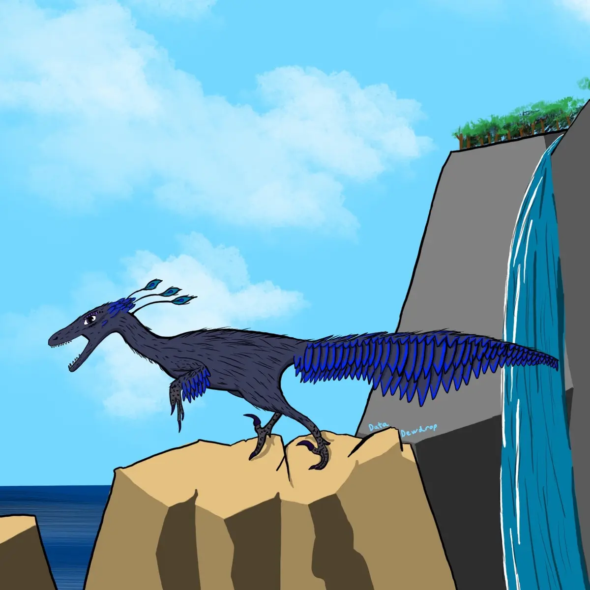 A cartoon illustration of a dark blue, feathered dinosaur with peacock-like tail feathers and head plumes stands on a cliff…