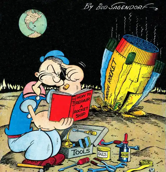 A cartoon man in blue overalls and a cap is kneeling on the moon, reading a red book titled 'HOW TO REPAIR A ROCKET SHIP'…