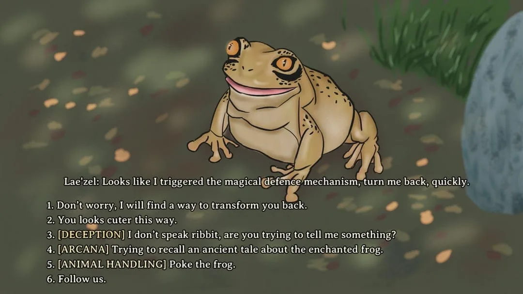 A cartoon frog with a cheerful expression sits on a leafy ground, overlaid with text from a character named Lae'zel who says…