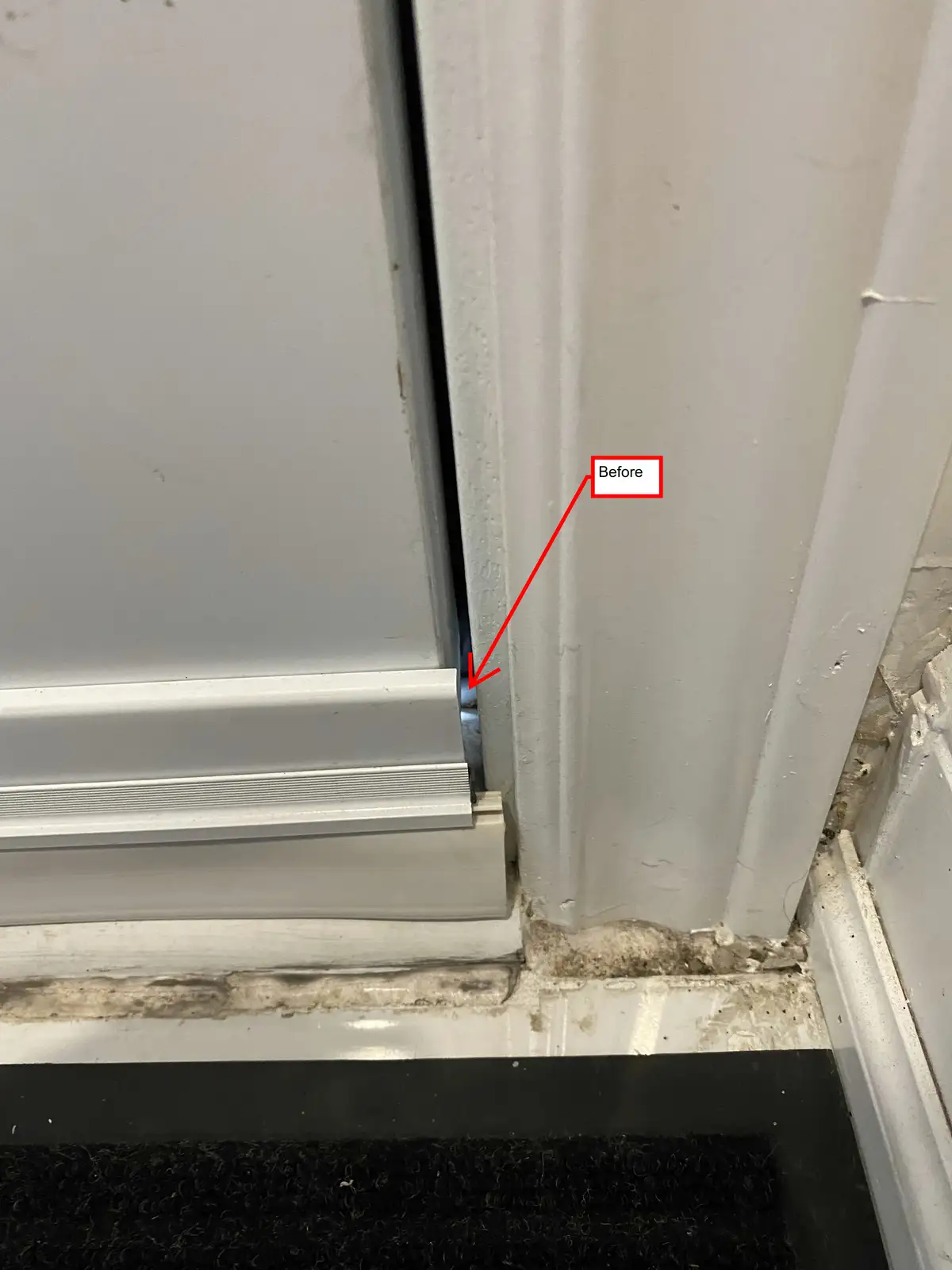 A close-up photo shows a white door frame with a visible gap between the door and frame, marked by a red arrow pointing to…