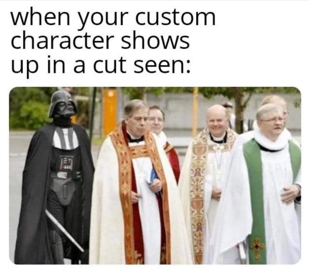 A photo shows Darth Vader standing beside several Catholic priests in ornate vestments, walking outdoors. The overlaid text…