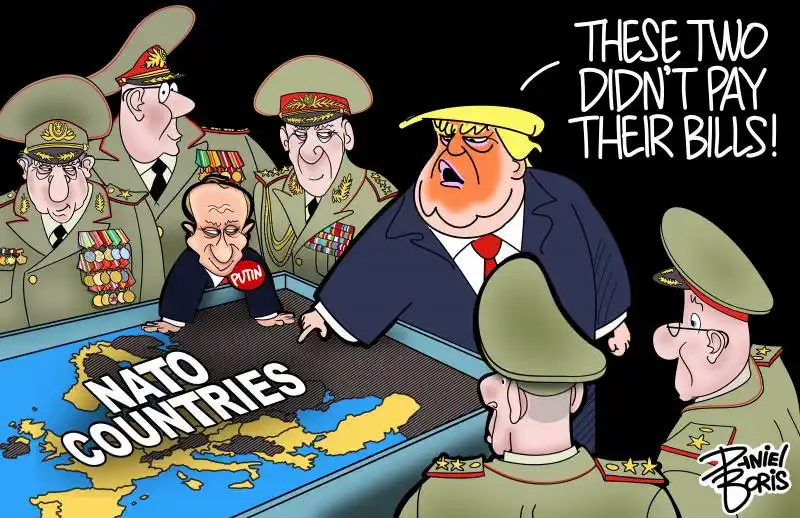 A cartoon depicts Donald Trump pointing angrily at Vladimir Putin, who is seated at a table labeled 'NATO COUNTRIES' with a…