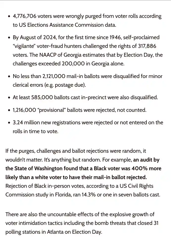 A text-heavy image listing statistics on voter suppression in the U.S., including purged voters, challenged registrations…