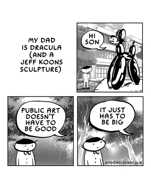 A four-panel comic strip shows a boy encountering a large, balloon animal sculpture of a vampire, which he identifies as his…