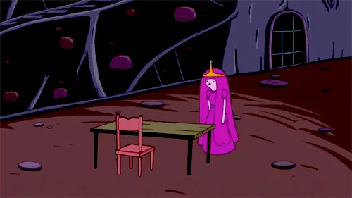 A six-panel comic strip from the animated series Adventure Time shows a pink-robed character with a crown standing at a…