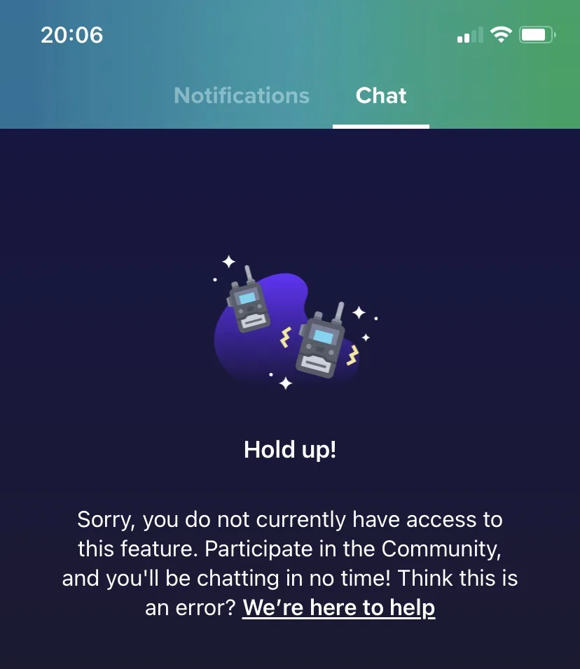 A smartphone screen shows a chat app interface with a 'Chat' tab selected. The main screen displays a graphic of two…