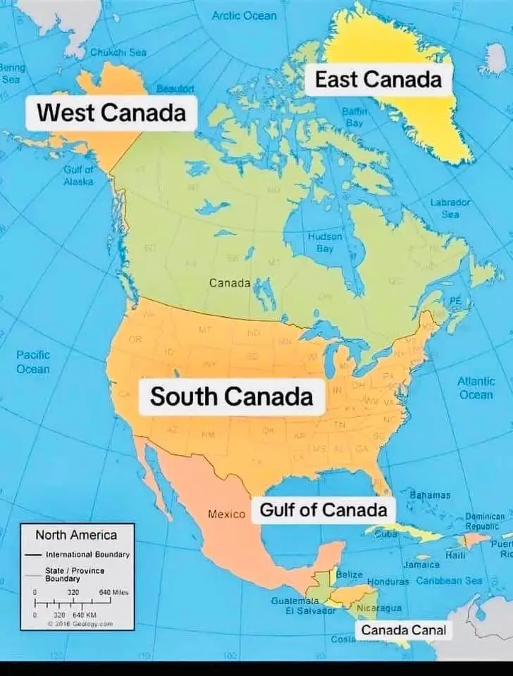 A map of North America humorously mislabels Canada's regions as 'West Canada', 'East Canada', 'South Canada', 'Gulf of…