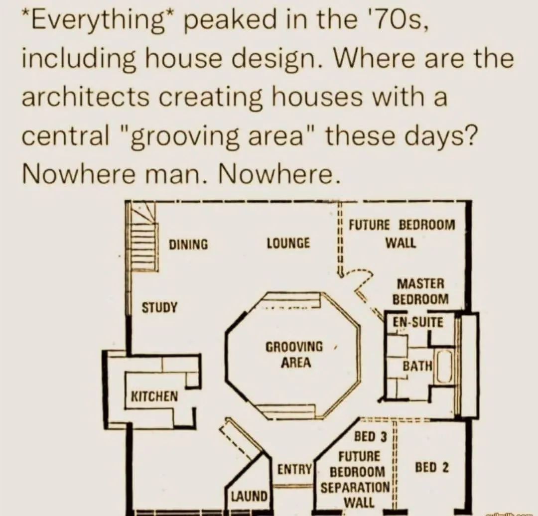 A vintage-style house floor plan features a central octagonal room labeled 'GROOVING AREA' surrounded by rooms like dining…