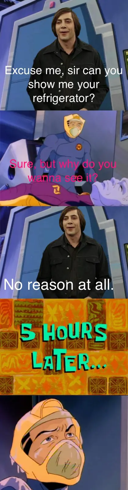 A five-panel meme featuring a man asking a cartoon superhero to show him his refrigerator, with the superhero asking why…