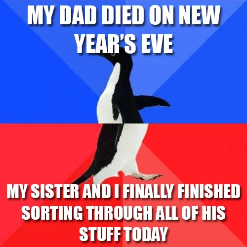 A penguin walks down a split blue and red background, with white bold text at the top reading 'MY DAD DIED ON NEW YEAR'S…