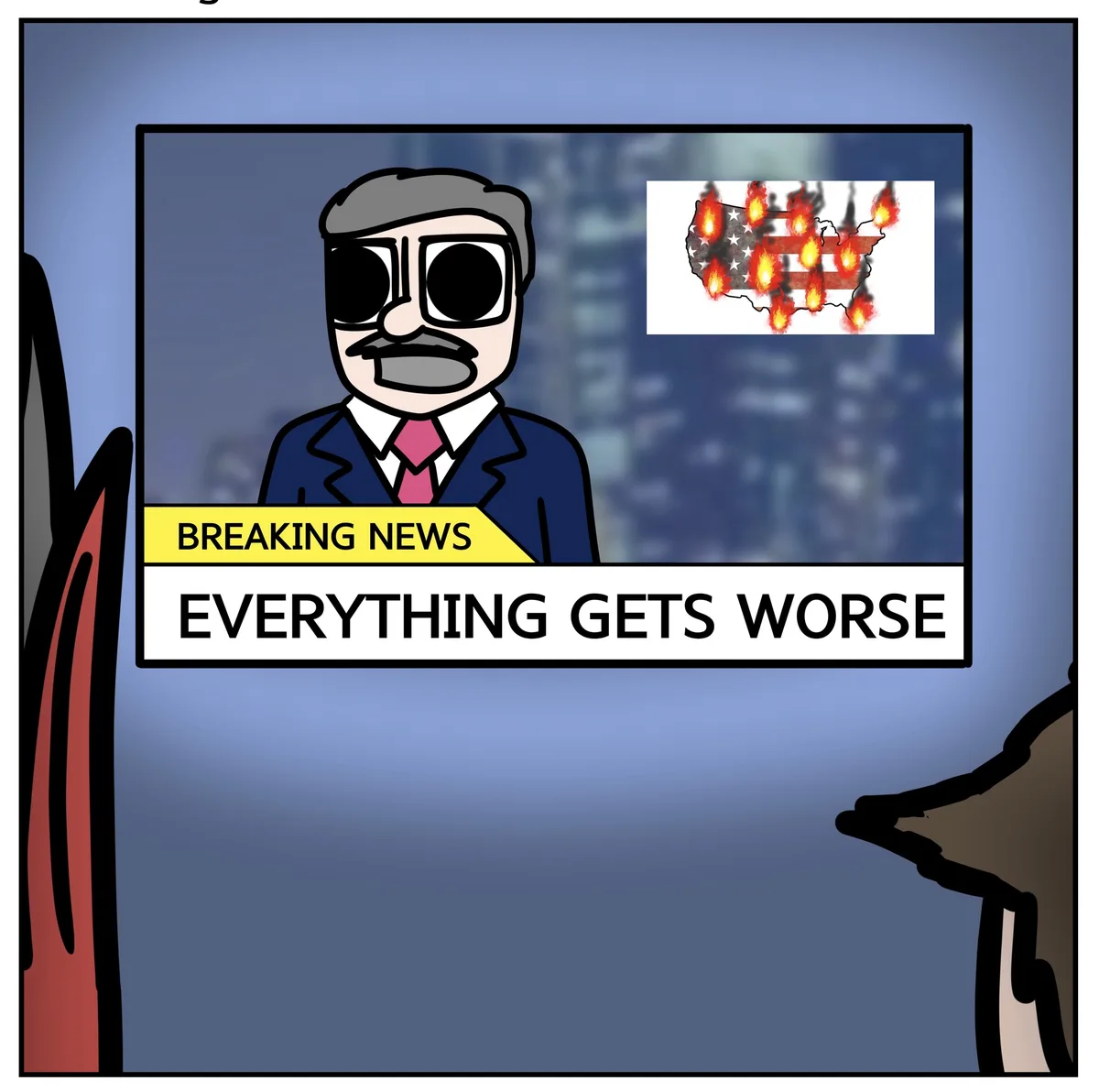 A cartoon news broadcast shows a news anchor with a mustache and large glasses, wearing a suit and pink tie, against a…