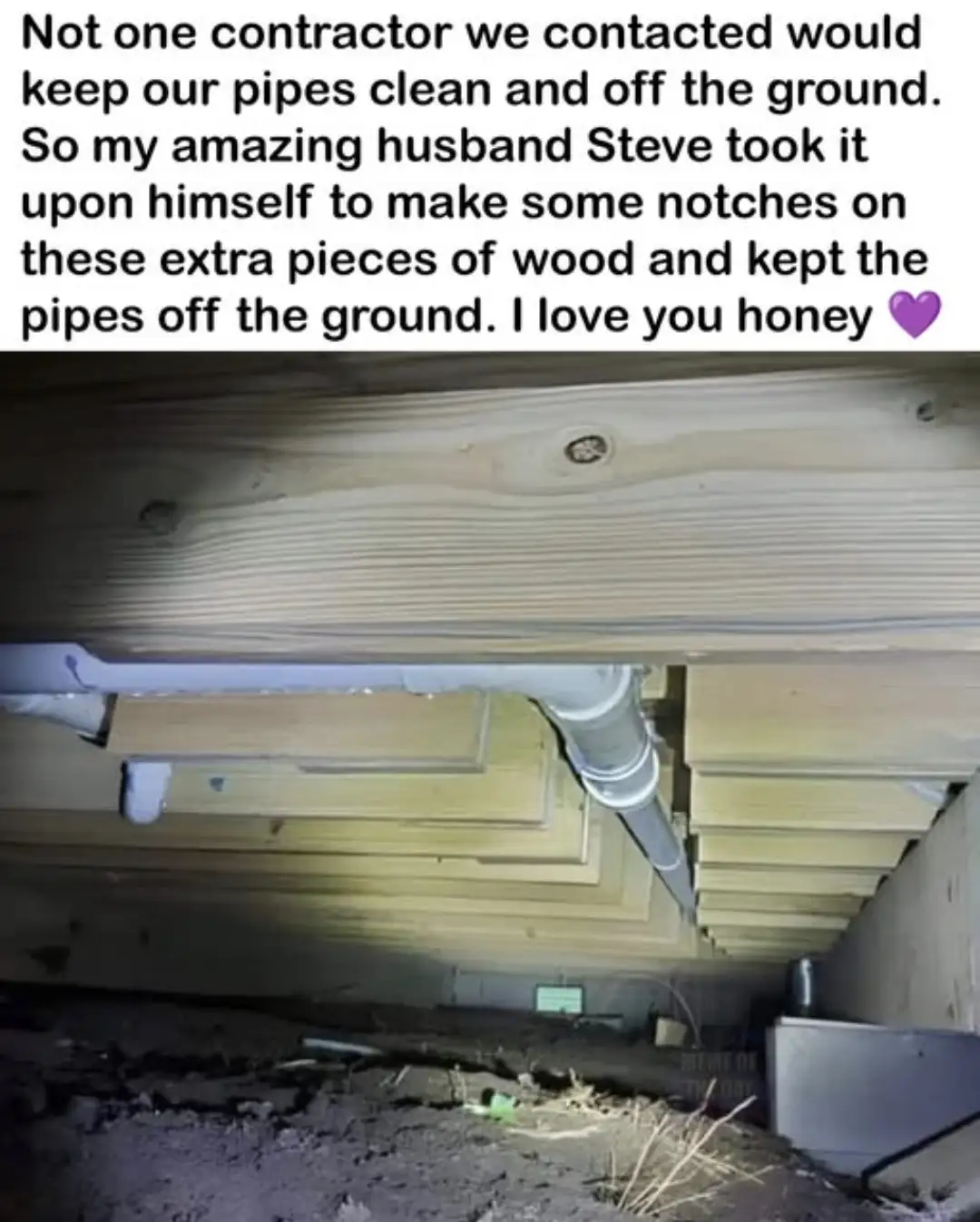 The image shows pipes running along wooden floor joists in a basement or crawlspace, with dirt and debris on the ground…