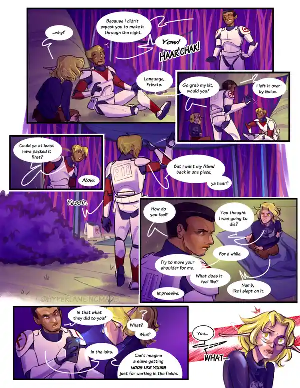 A comic strip featuring two characters in futuristic armor, one injured and the other reacting with shock and concern. The…